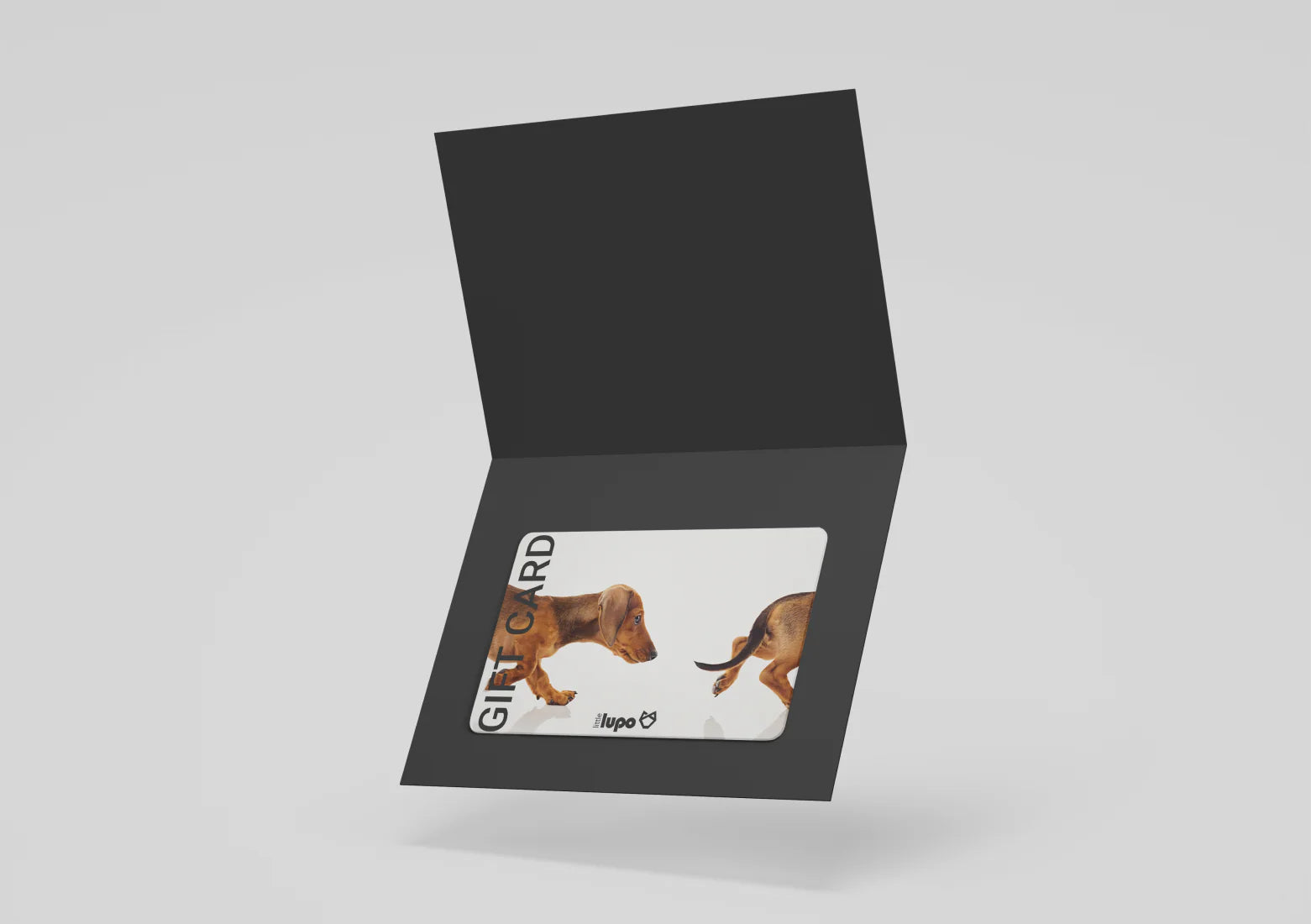Little Lupo e-gift card design with a whimsical Dachshund illustration on a white background, presented in a sleek black envelope, with black 