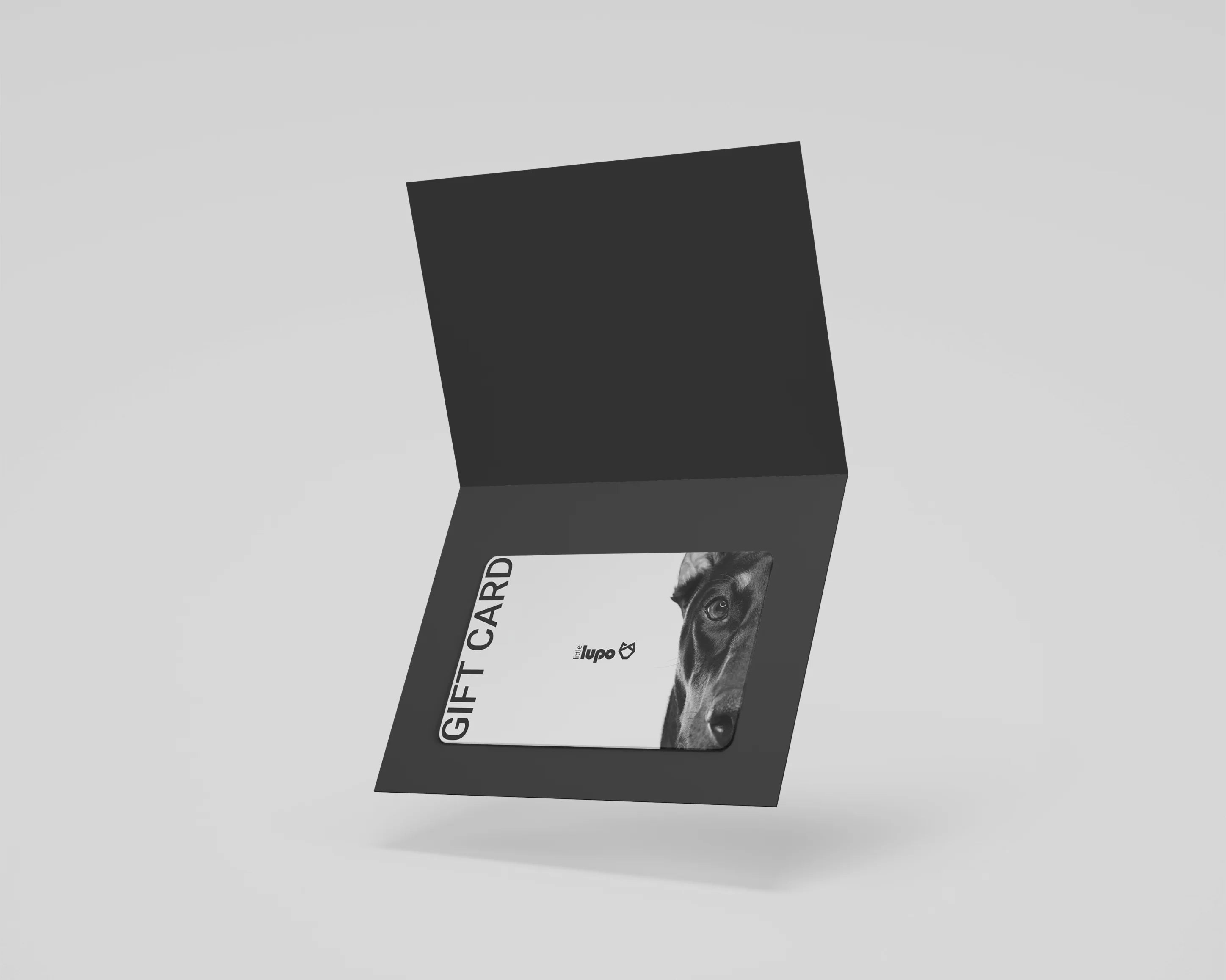 Little Lupo e-gift card featuring a modern illustration of the left half of a dog's face, with the Little Lupo logo centered and "Gift Card" text on the right side, set against a light background.