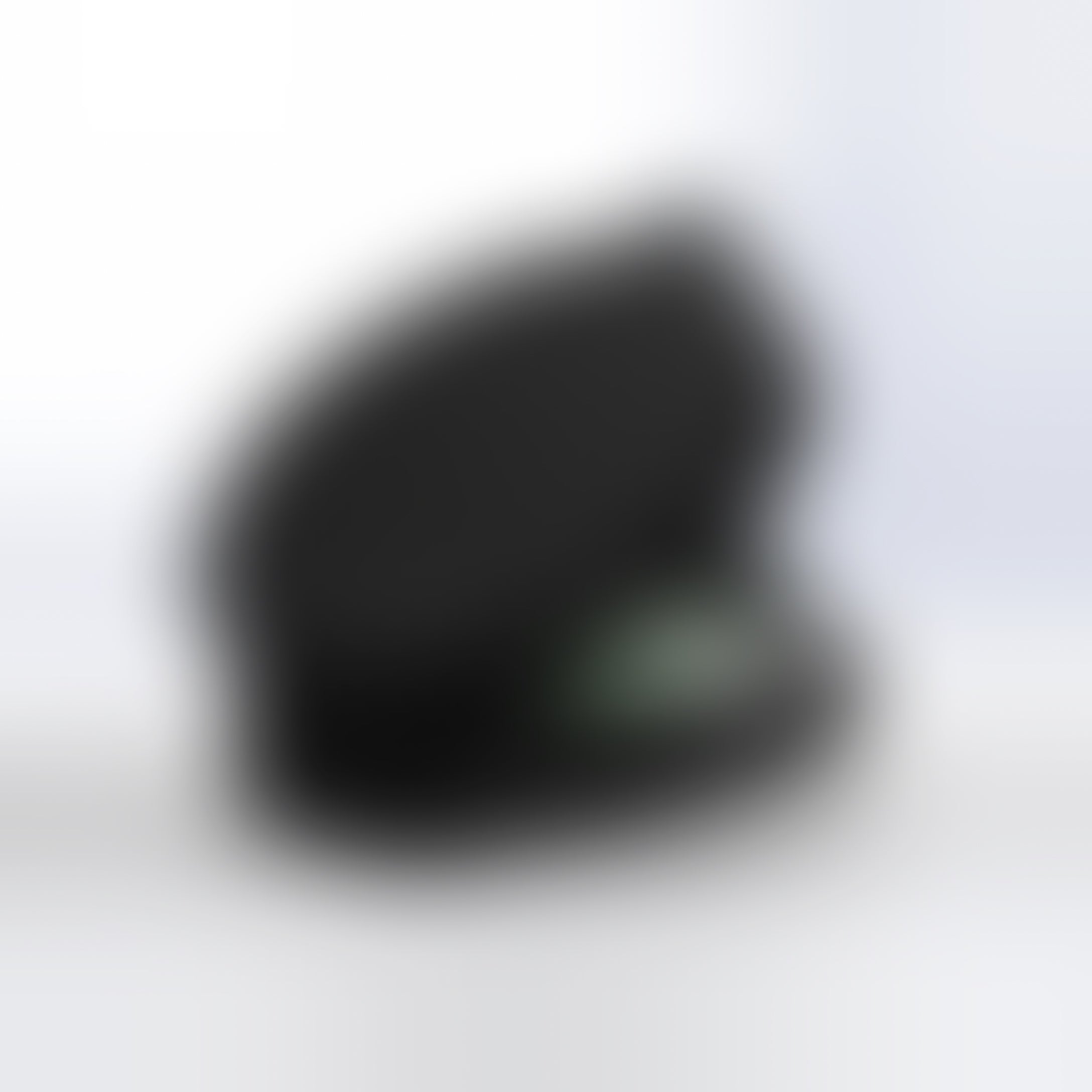 A blurred image of a black dog accessory on a white background.